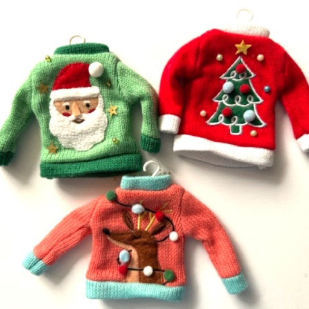 NEW (3) Christmas Sweater Ornaments w/ Reindeer Santa Tree ~ Wondershop